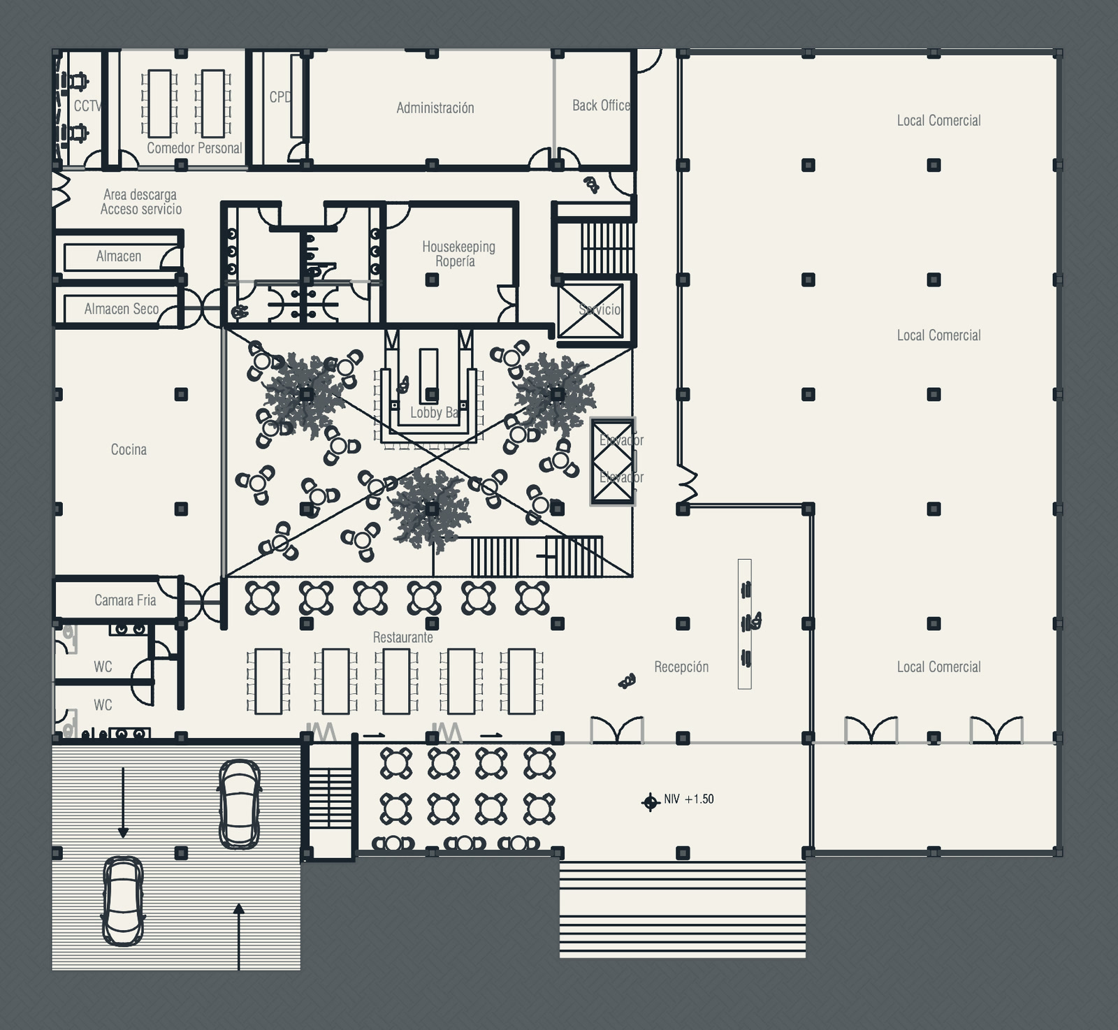 Planta baja: lobby bar, restaurante, recepción, cocina, servicios y tres locales comerciales