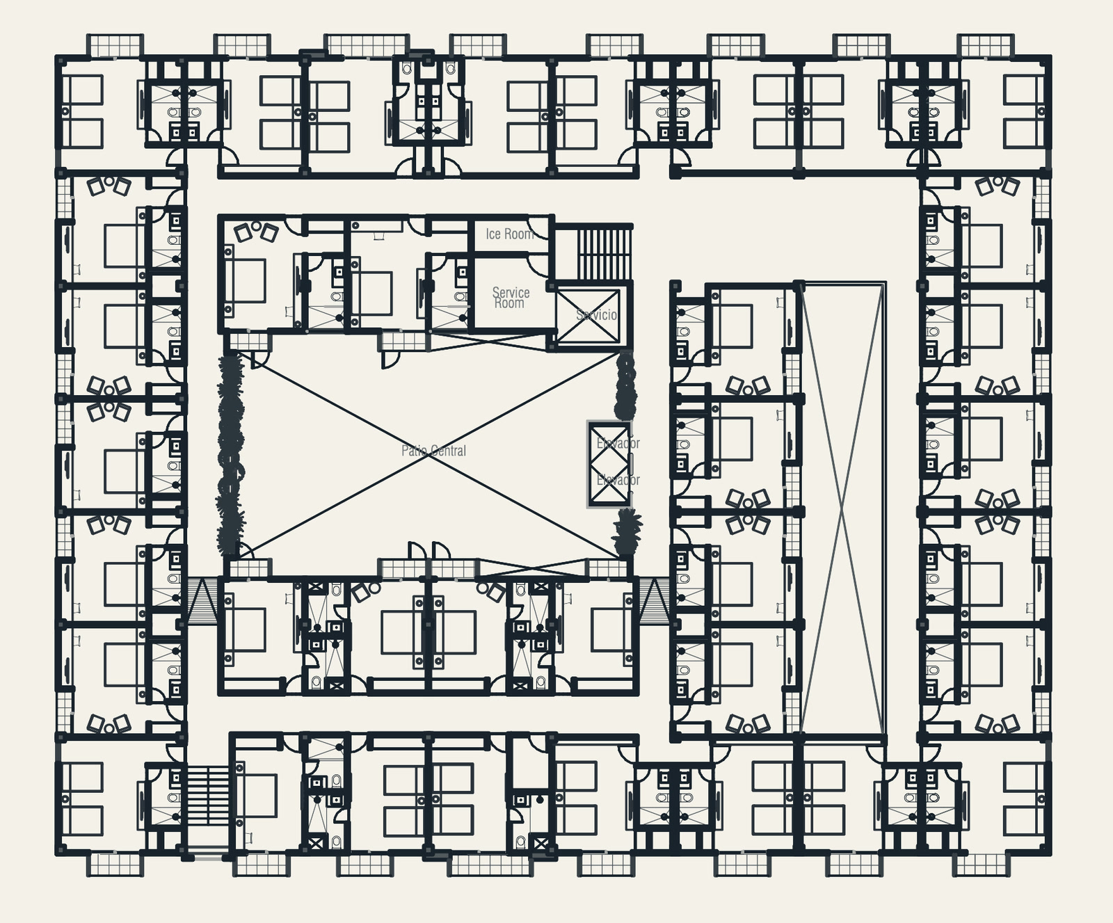 Planta tipo de los niveles 1 a 3 con habitaciones alrededor de un patio central