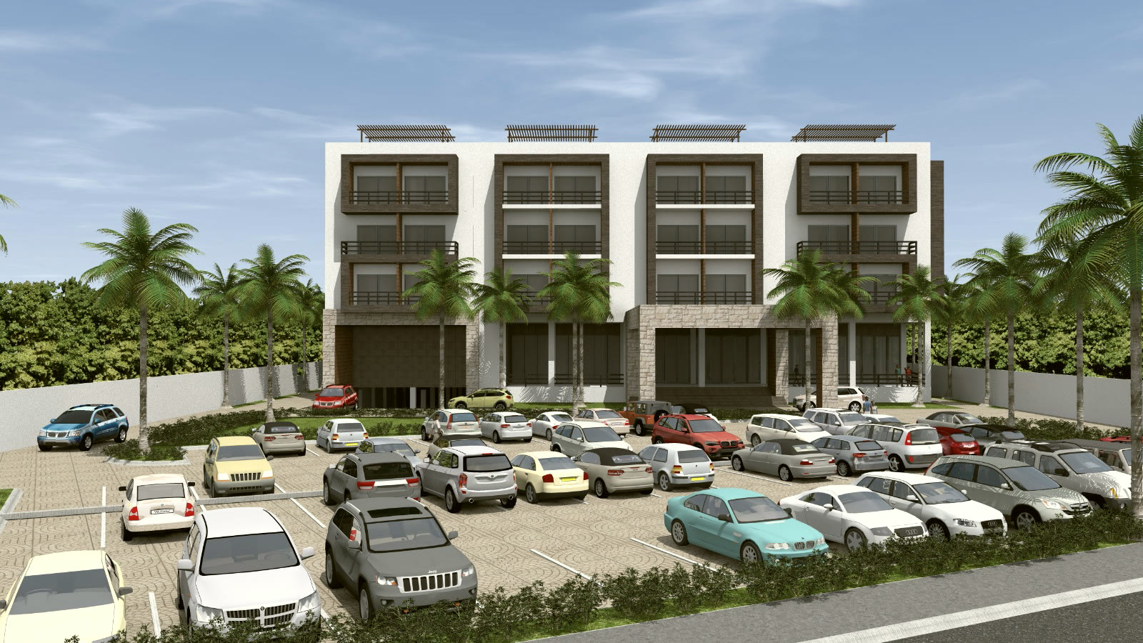 Render de la fachada de un hotel de cuatro niveles