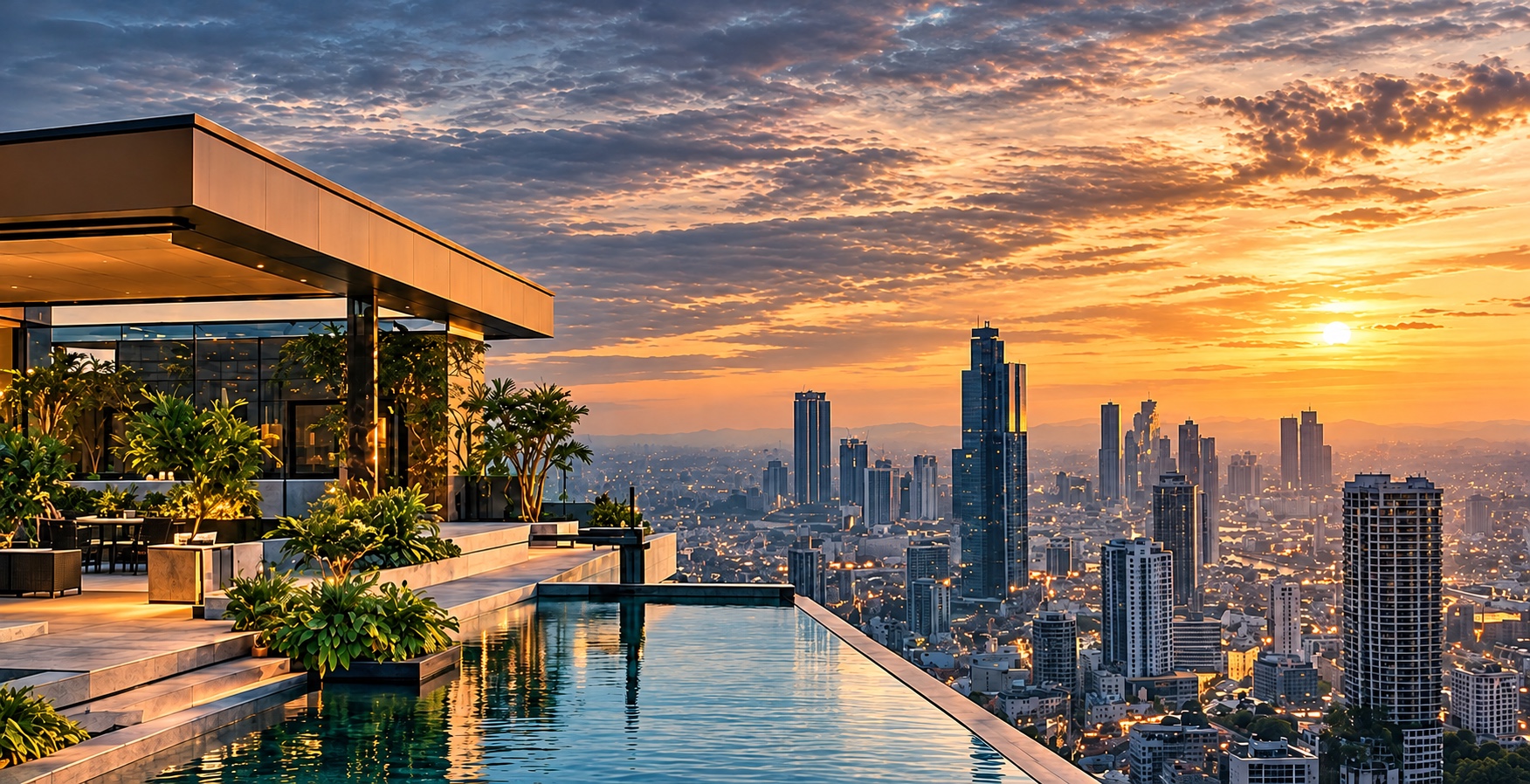 Terraza con alberca infinita frente al horizonte de la ciudad al atardecer
